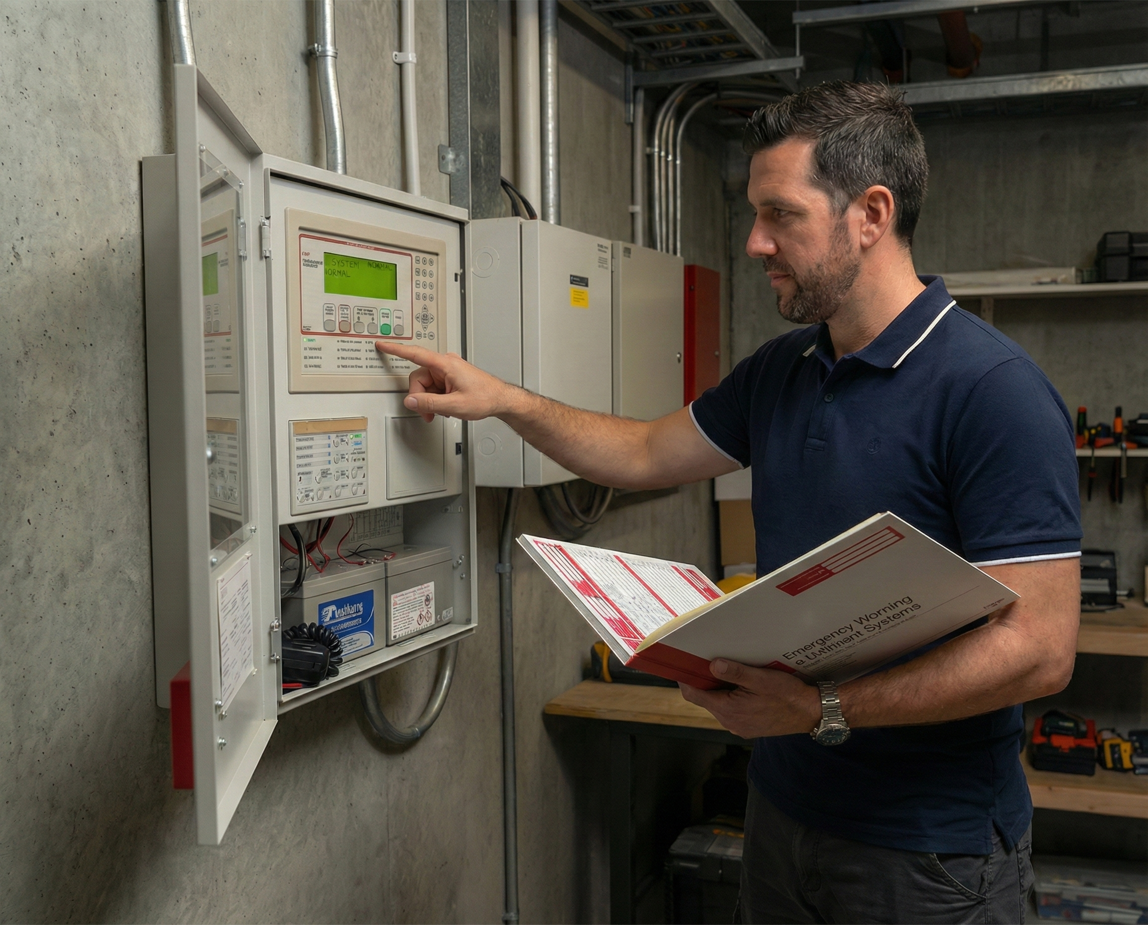 EmberGuard Fire Protection technician testing a fire system in a building corridor