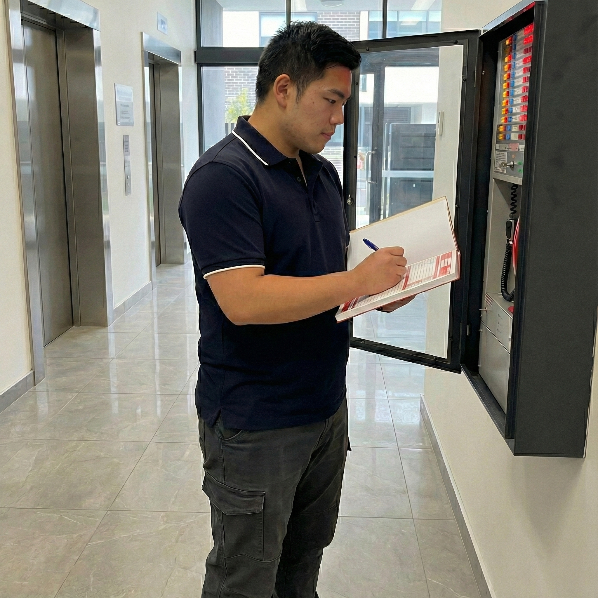 Technician inspecting an emergency warning intercommunication system panel