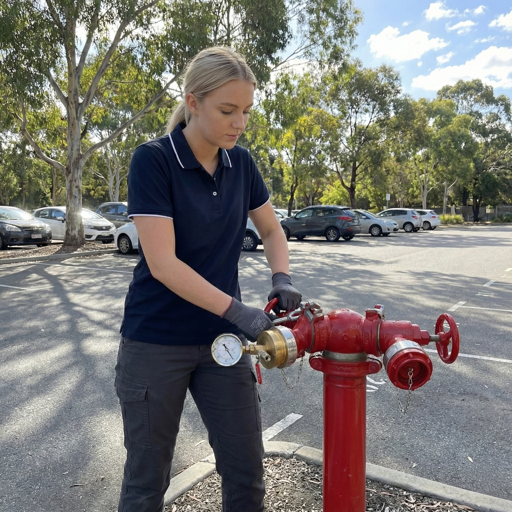 Technician servicing a fire hydrant connection point