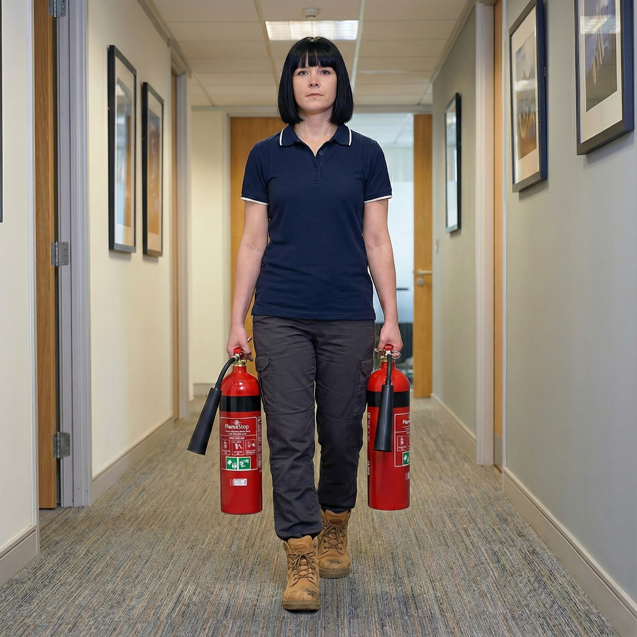 Fire protection technician inspecting a portable extinguisher station