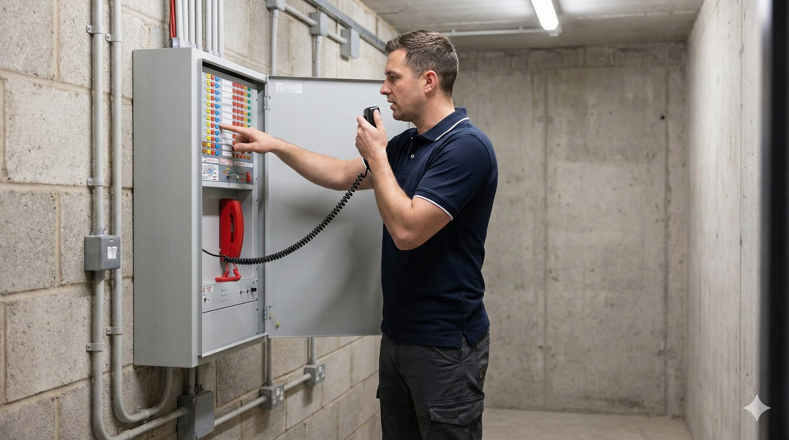 Technician operating a fire panel