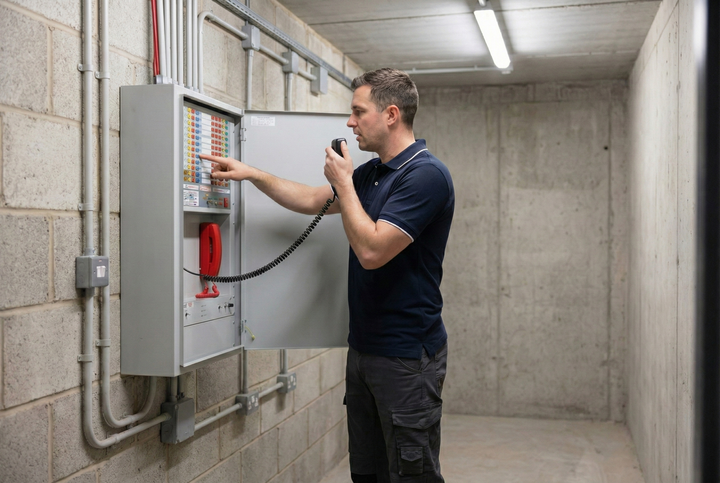 Technician from EmberGuard Fire Protection servicing fire protection equipment