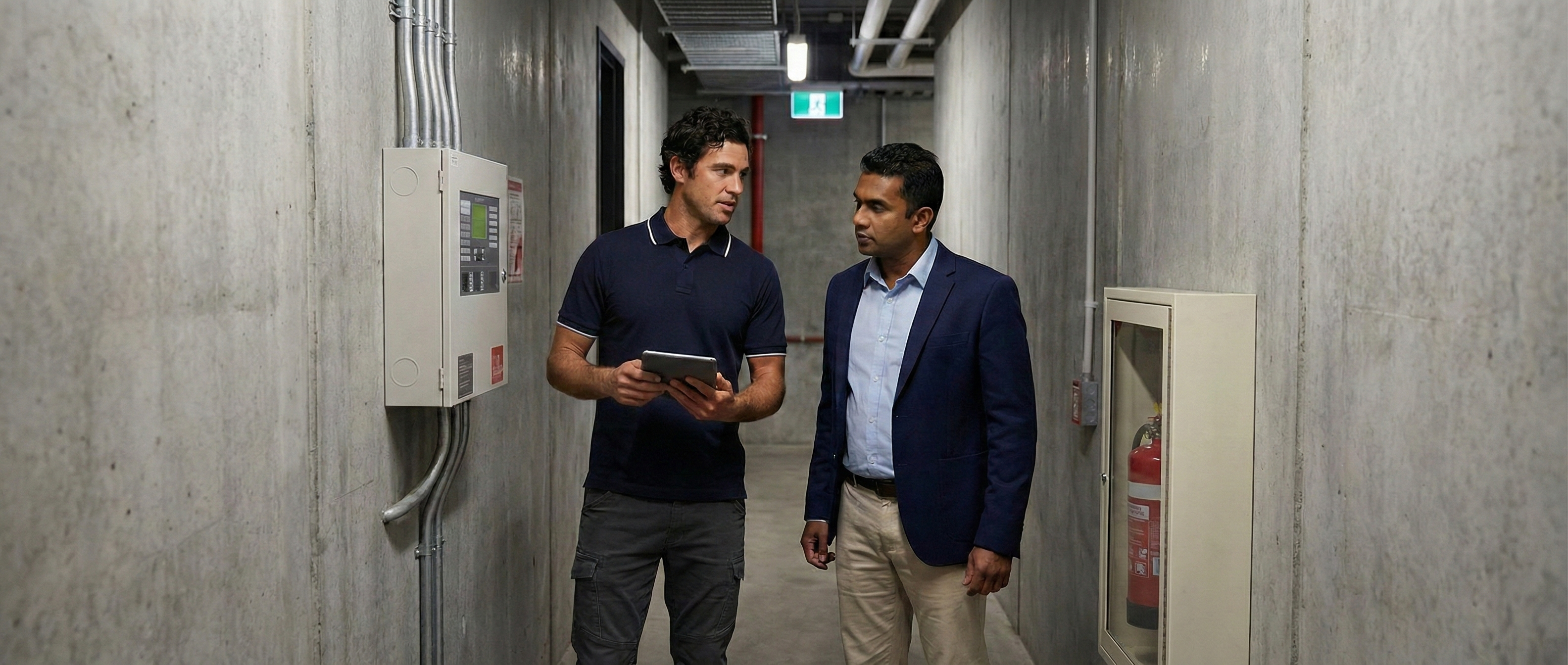 Technicians discussing fire safety systems in a corridor